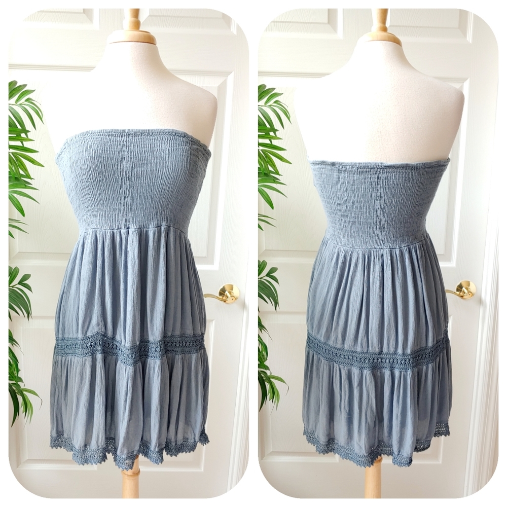 Earthbound Smocked Strapless Crochet Mini Dress L